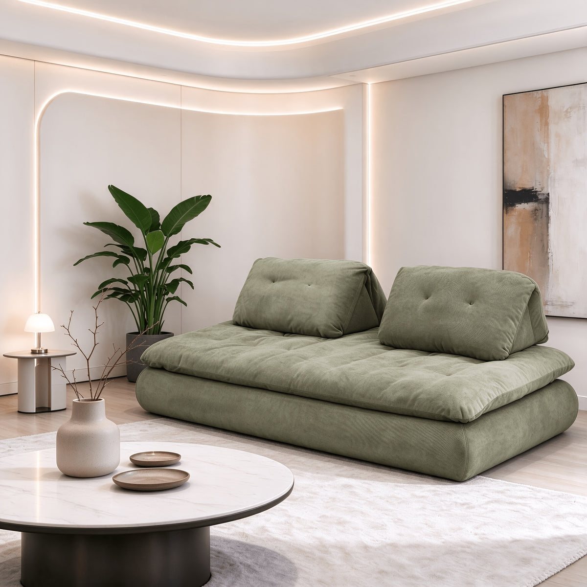 Two-seat configuration of the olive green floor sofa with loose back cushions