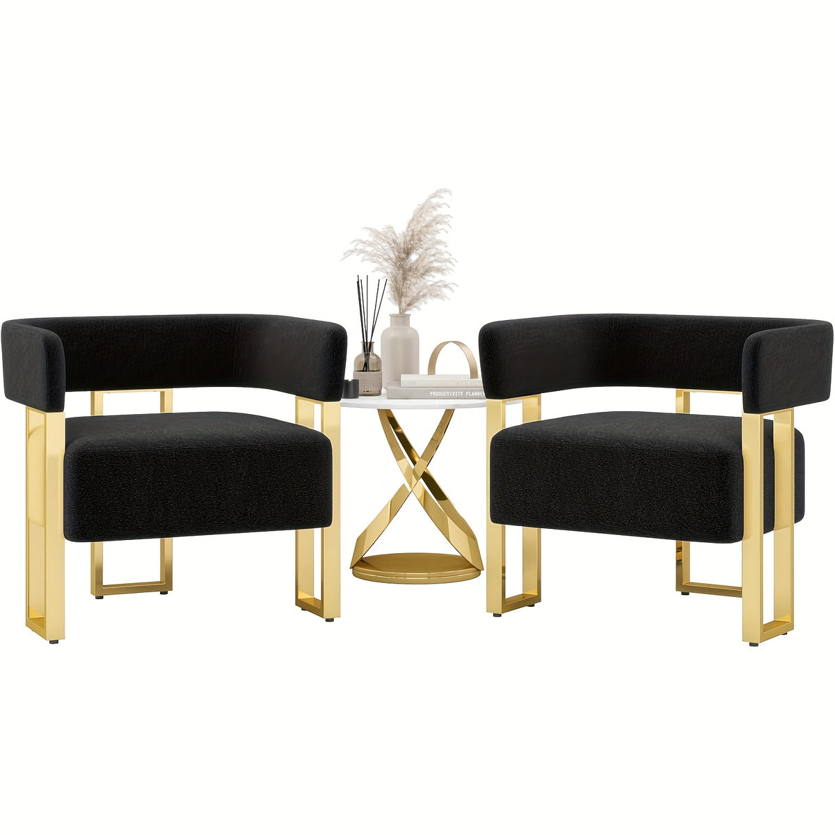 Cutout-Back Accent Chair with Gold-Tone Base — two black chairs shown on white