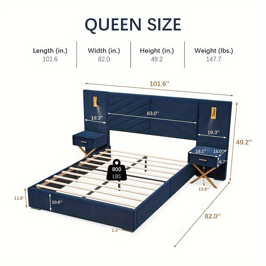Queen-size bed frame dimension diagram showing the headboard, platform and built-in nightstands
