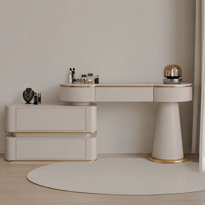 Cream Vanity with Drawers & Marble-Look Top - Cream White & Golden