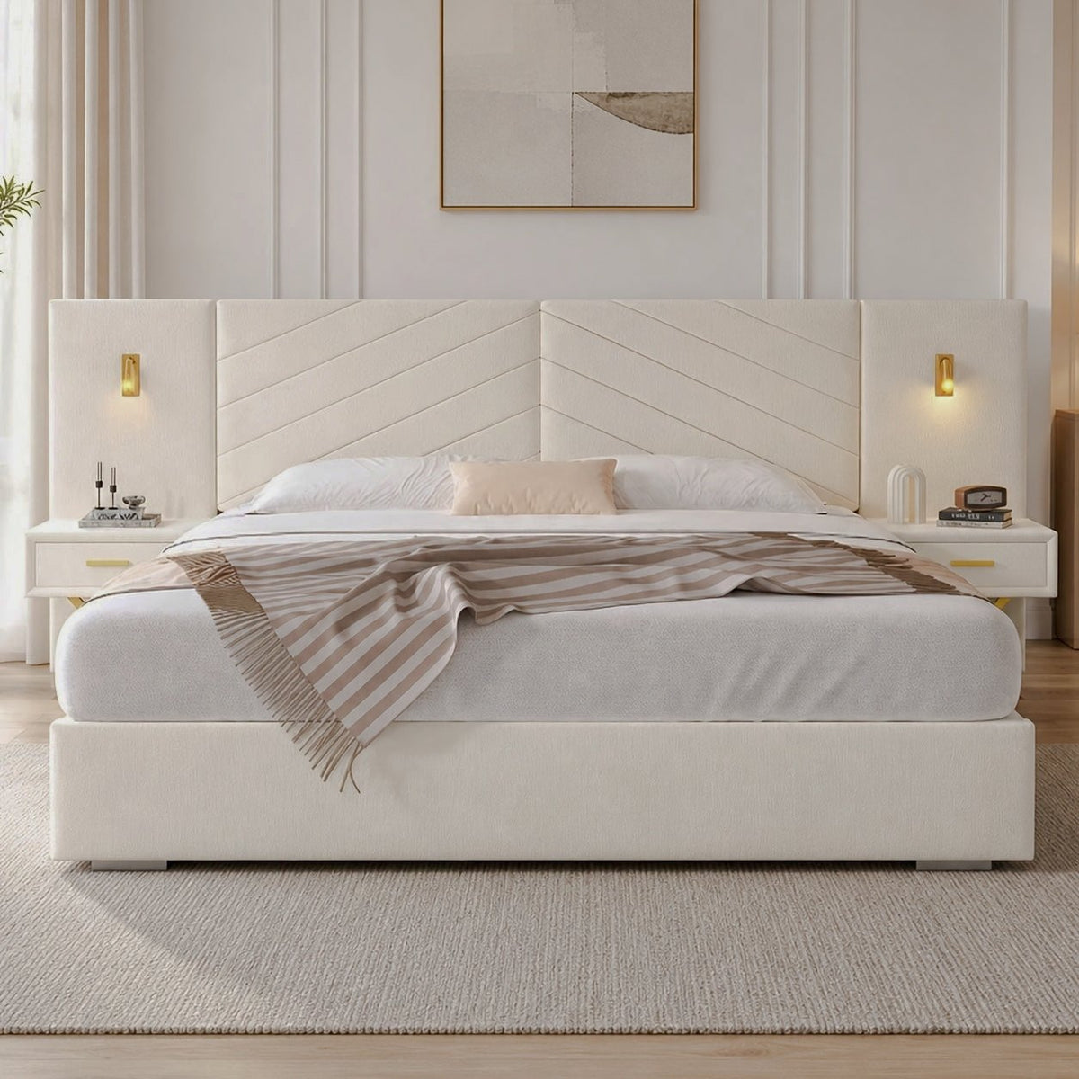 Beige upholstered bed frame with a wide geometric headboard and built-in nightstands