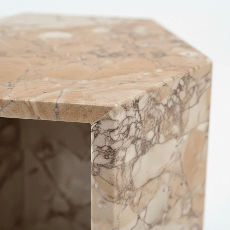 Luxury Natural Pink Marble Side Table with Hexagon Geometric Stone Pedestal Base - Modern Polished Marble Top Accent Table Suitable for Living Room, Bedroom, Small Spaces, Compact Furniture, No Assembly Required,
