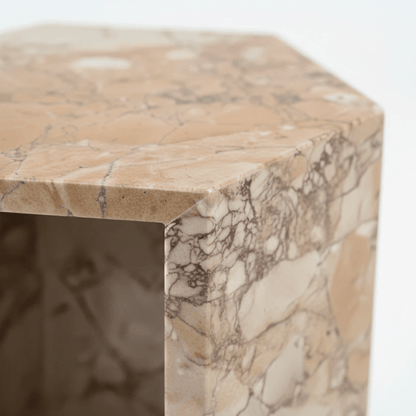 Luxury Natural Pink Marble Side Table with Hexagon Geometric Stone Pedestal Base - Modern Polished Marble Top Accent Table Suitable for Living Room, Bedroom, Small Spaces, Compact Furniture, No Assembly Required,