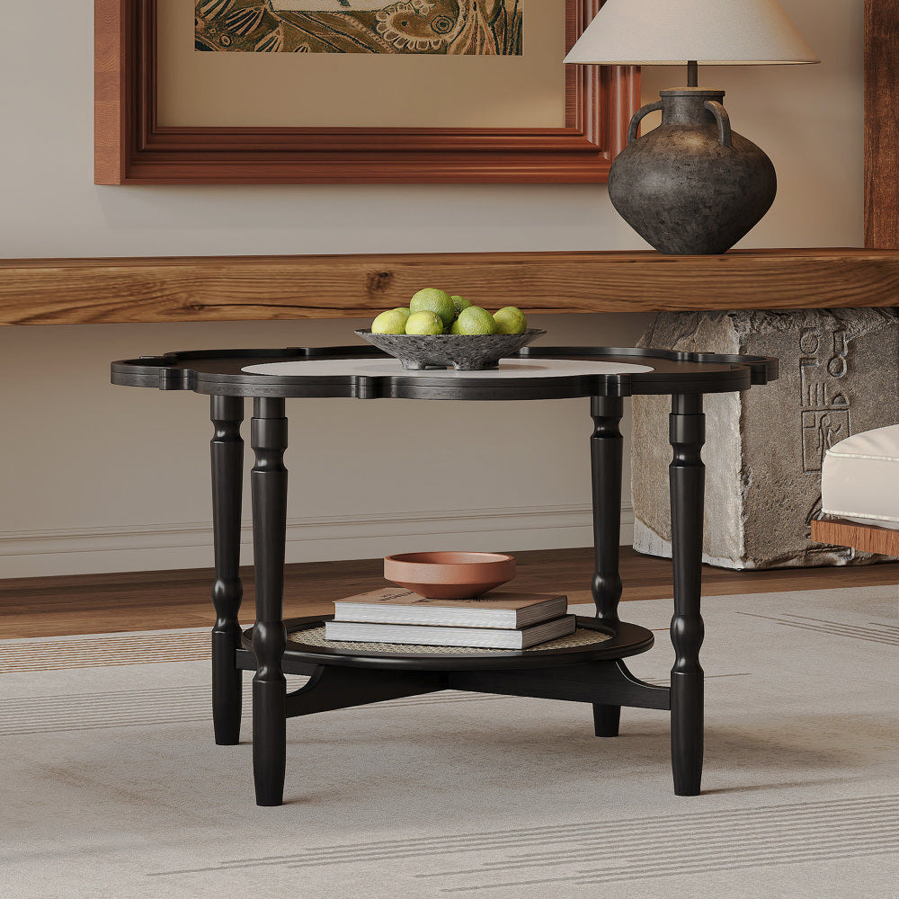 Turned legs and woven shelf