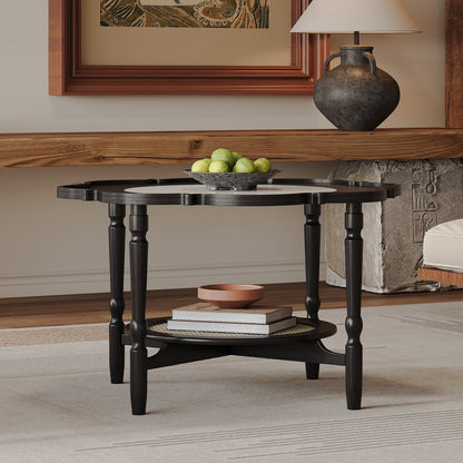Turned legs and woven shelf