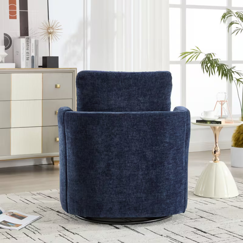 Rear view of the navy barrel chair and its round base
