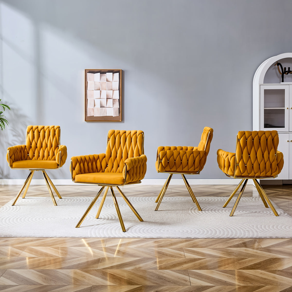 Four yellow dining chairs shown from front, side and rear angles