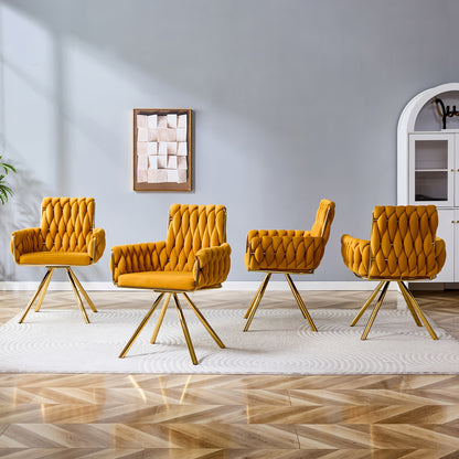 Four yellow dining chairs shown from front, side and rear angles