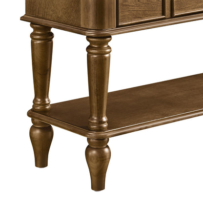 Close view of the walnut console turned legs, lower shelf edge and rounded cabinet corner