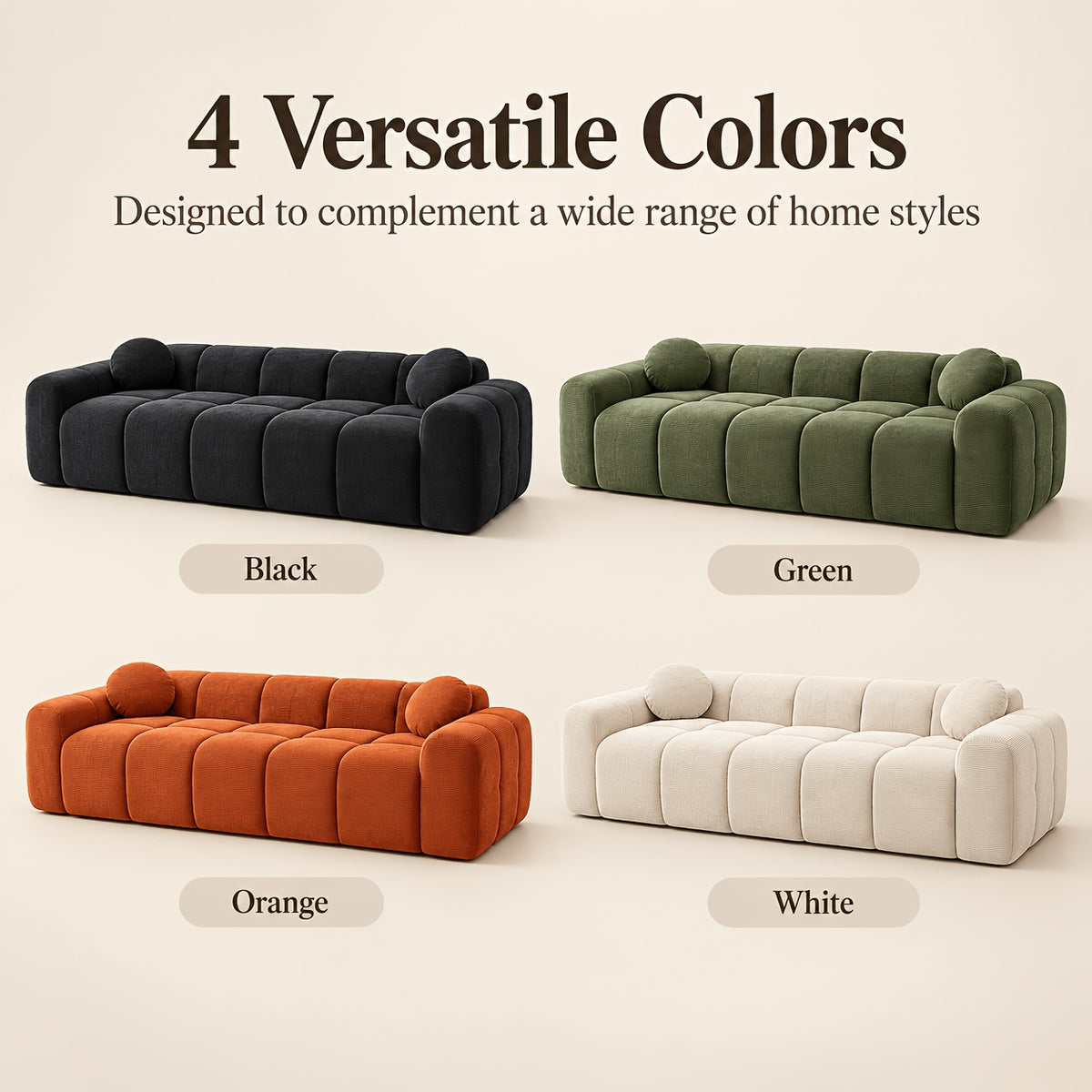 98-Inch Corduroy Low-Profile Sofa — black, Green, Tangerine and White color comparison