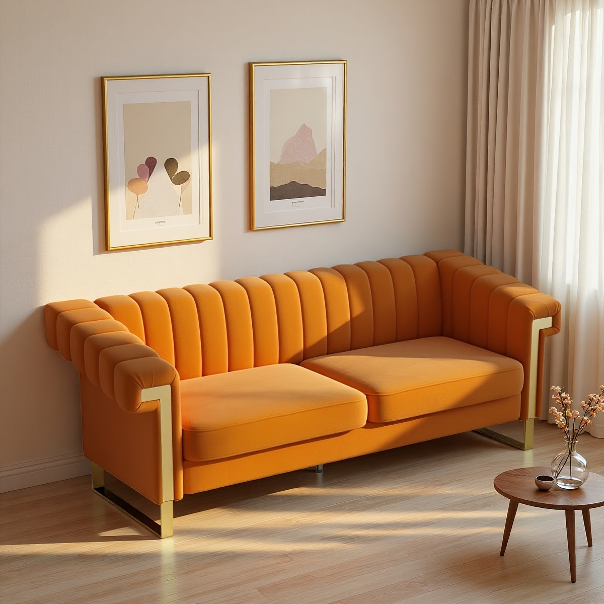 Orange Channel-Tufted Velvet Sofa — orange sofa in a sunlit room.