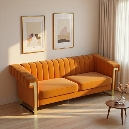 Orange Channel-Tufted Velvet Sofa — orange sofa in a sunlit room.