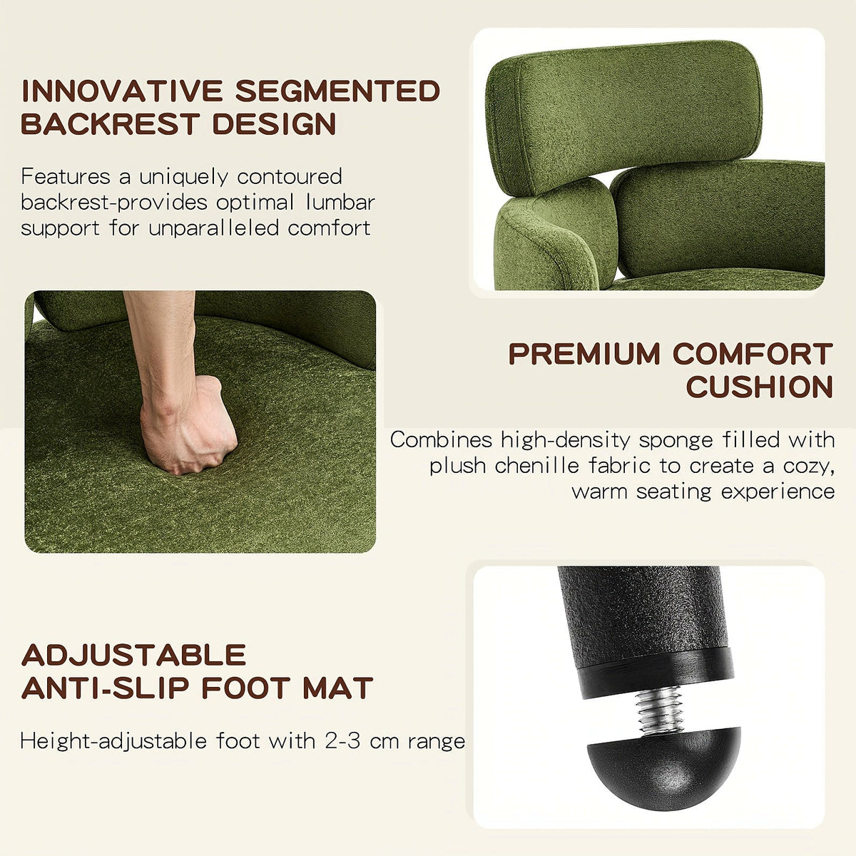 Green chenille accent chair with a segmented padded back and black metal legs — adjustable feet detail
