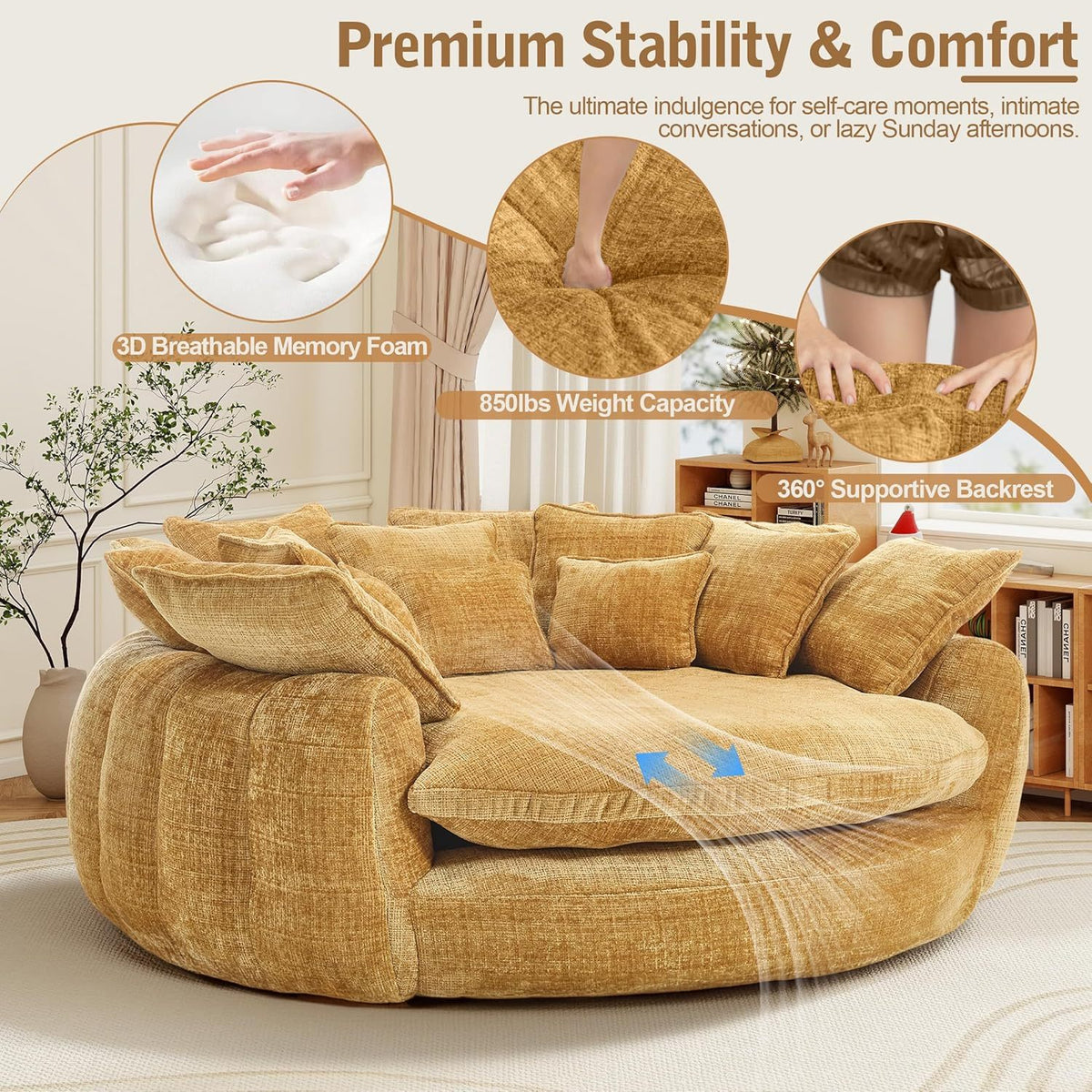 Oversized Round Chenille Lounge Sofa — yellow foam and backrest detail panel.