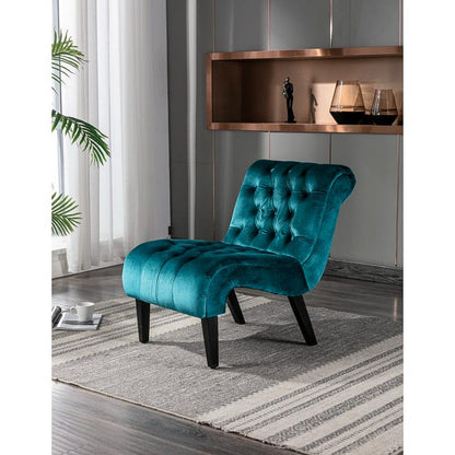 Button-Tufted Velvet Armless Accent Chair — teal front three-quarter view in a room