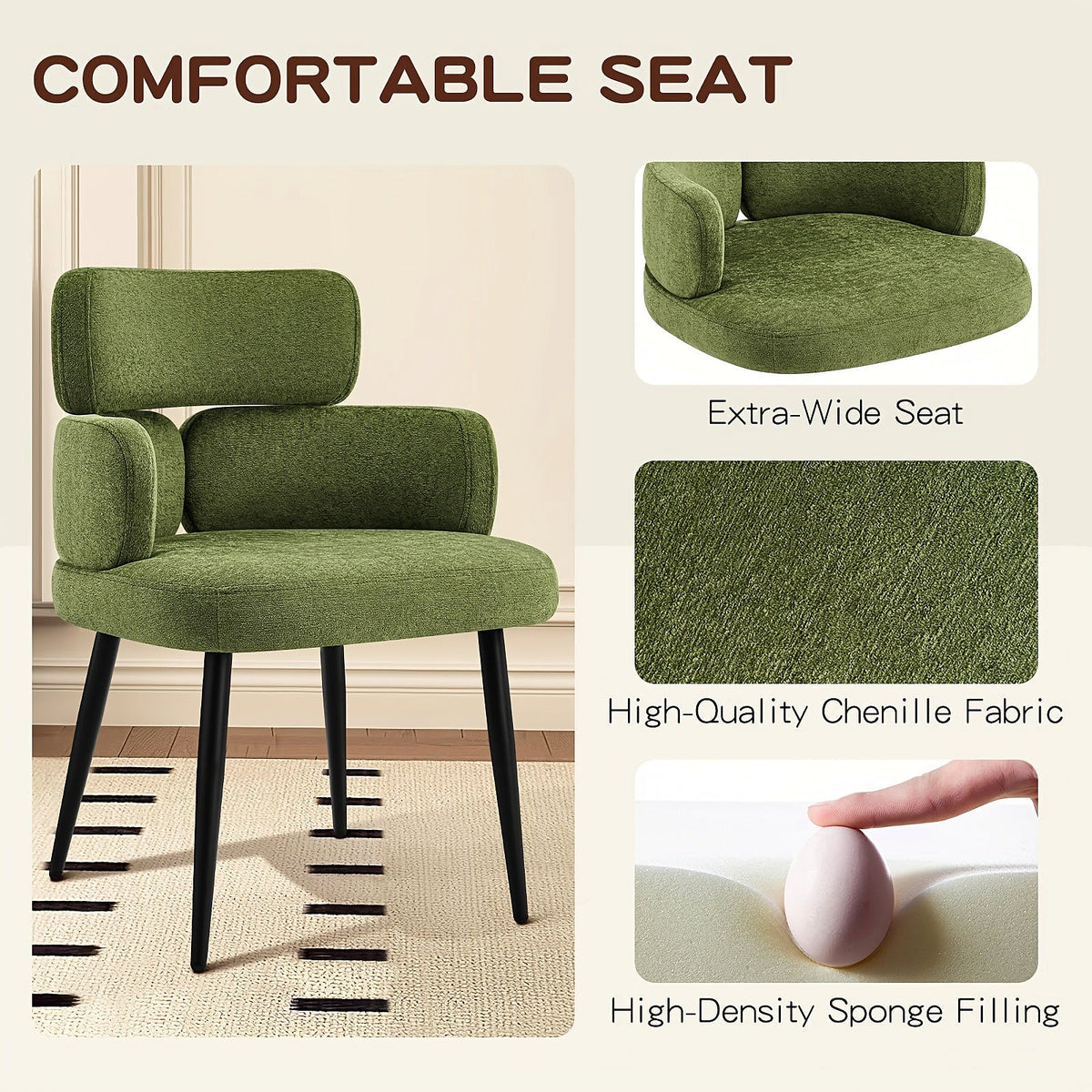 Green chenille accent chair with a segmented padded back and black metal legs