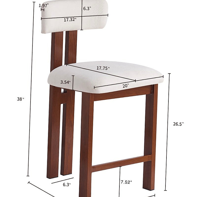 White upholstered counter stool with a brown frame and integrated footrest — dimension diagram