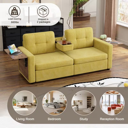 Chenille Storage Loveseat with Side Tables — room-use and packaging panel.