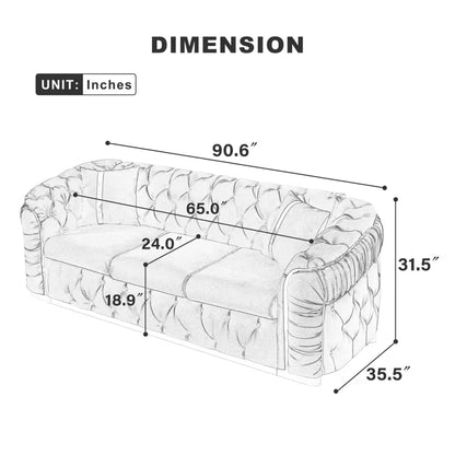 Velvet Chesterfield Sofa with Gold-Tone Trim — supplier dimension diagram.