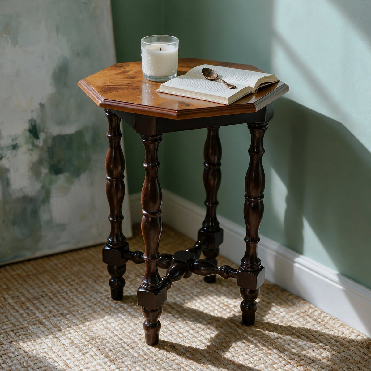 Octagonal Burl Wood Side Table — room product view