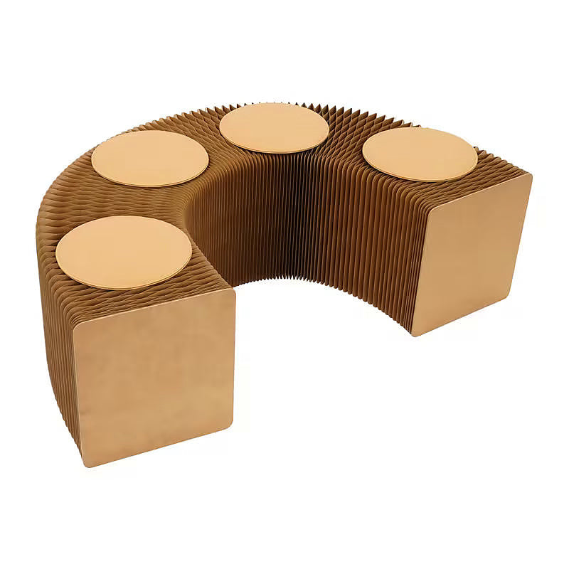 Expandable kraft paper accordion bench with round seat pads — curved configuration