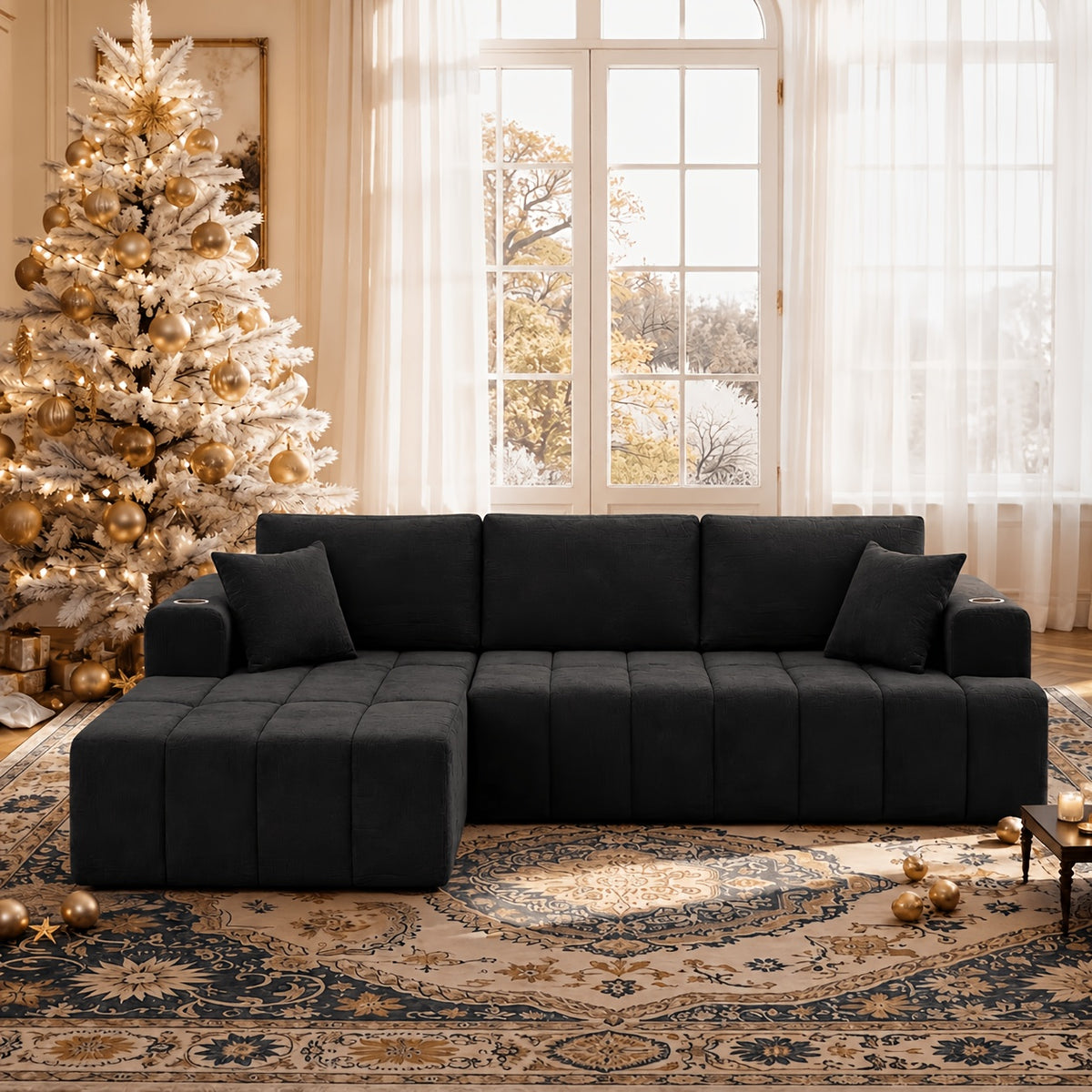 Chenille Modular Sectional with Cup Holders — black L-shaped left-chaise layout
