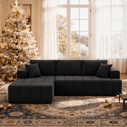 Chenille Modular Sectional with Cup Holders — black L-shaped left-chaise layout