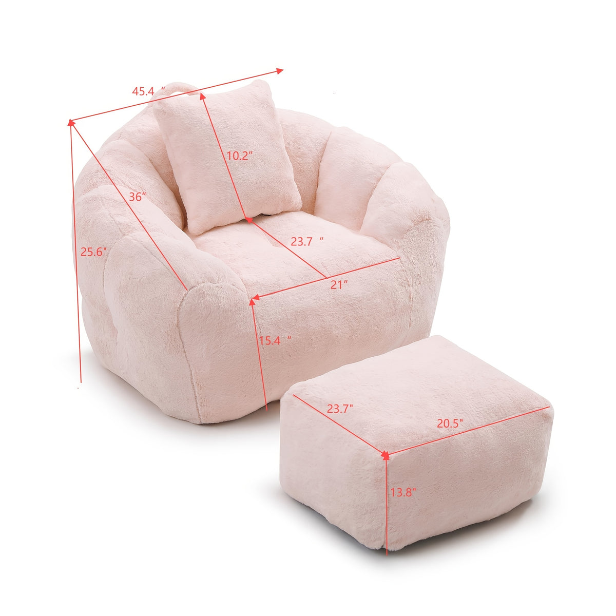 Seashell Faux Fur Lounge Chair with Footrest — supplier chair and footrest dimension diagram.