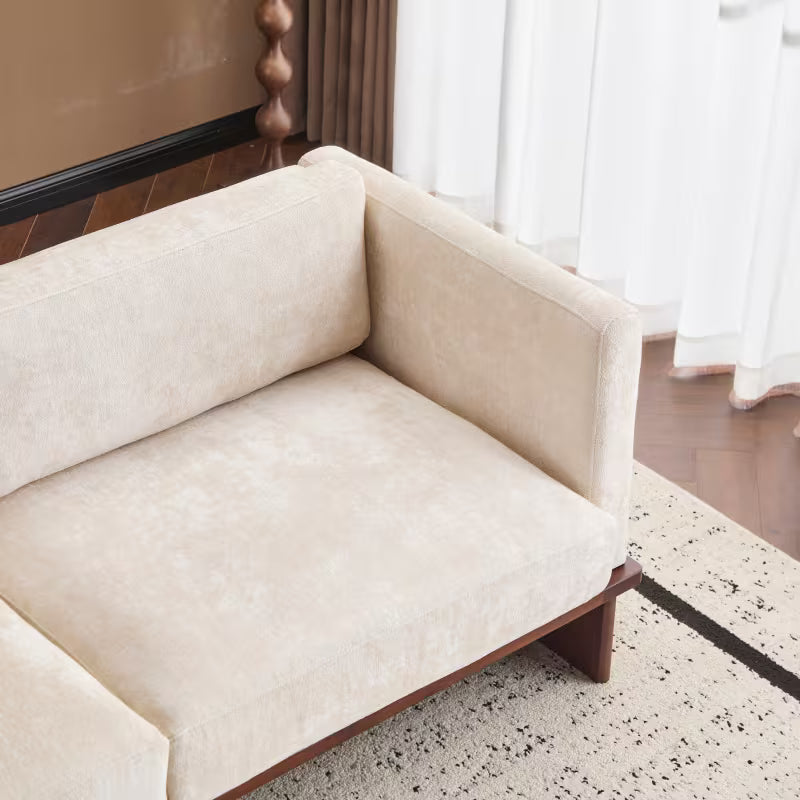 Square-Arm Boucle Sofa with Wood Base — seat, back and square arm close-up.