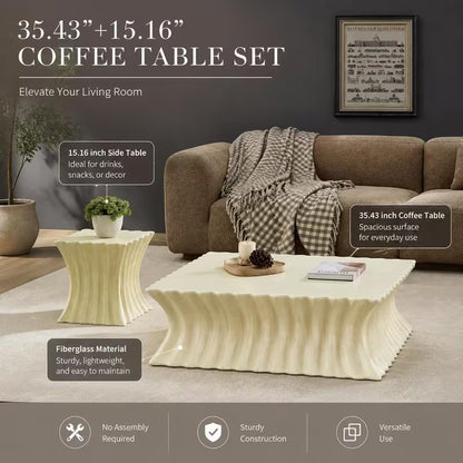 Feature graphic showing cream fluted coffee table and matching side table with size and material labels