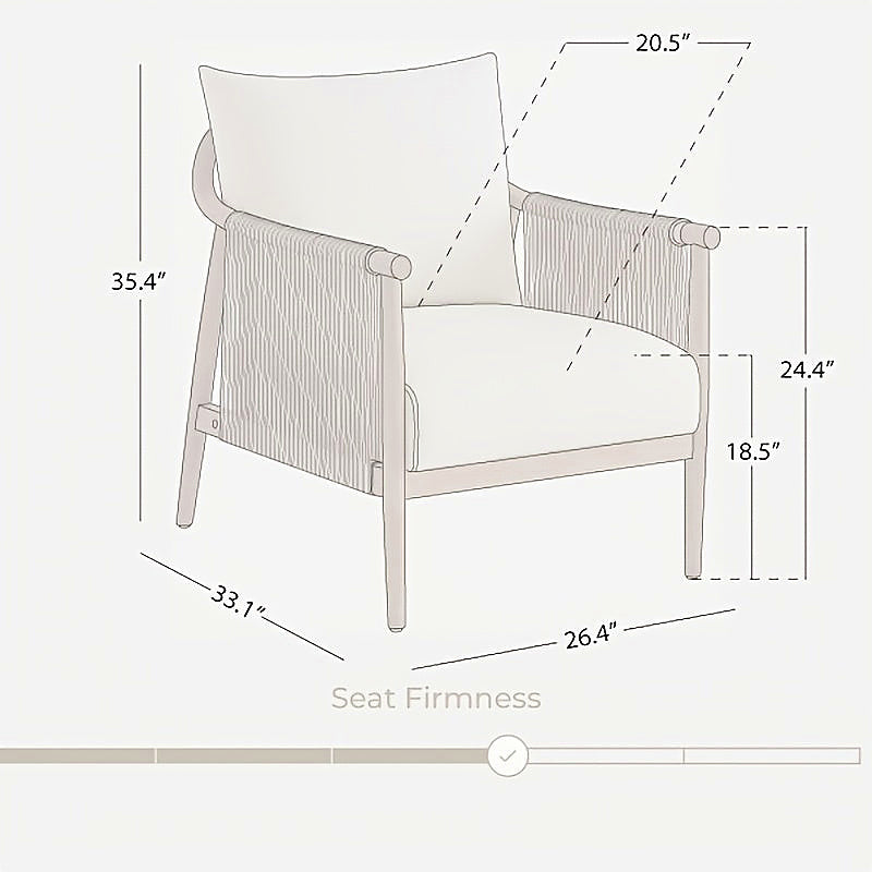 Wood frame accent chair with braided paper cord sides and a light gray cushion — dimension diagram