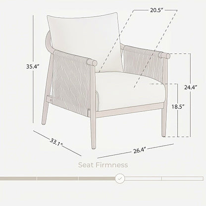 Wood frame accent chair with braided paper cord sides and a light gray cushion — dimension diagram