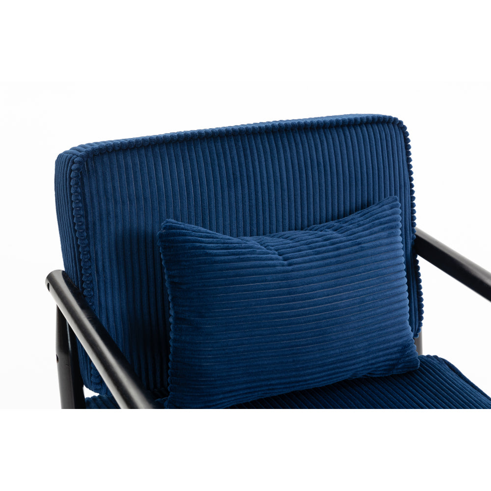 Navy Ribbed Accent Chair with Hidden Storage — backrest and lumbar pillow close-up.