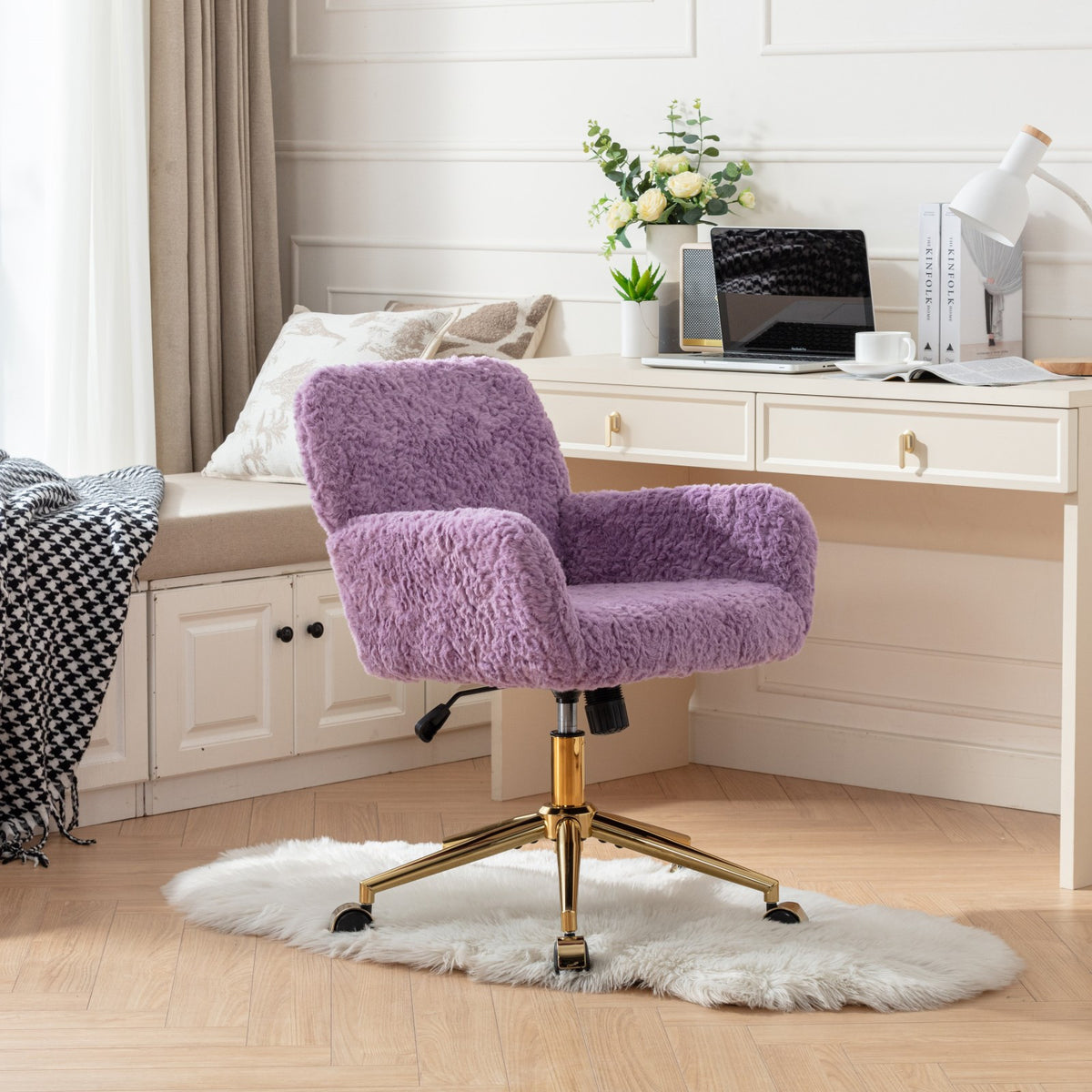 Purple faux alpaca chair beside a white desk