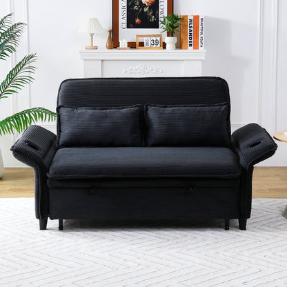 Ribbed Convertible Sleeper Sofa with Cup Holders — front black sofa view with raised arms.