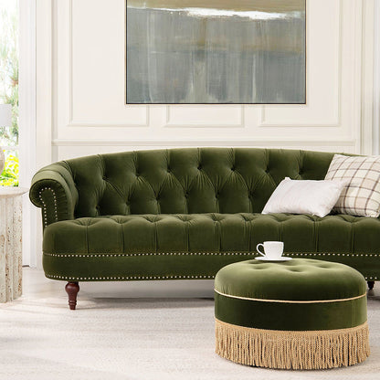 La Rosa Olive Green Velvet Chesterfield Sofa — styled with an ottoman shown as a room accessory