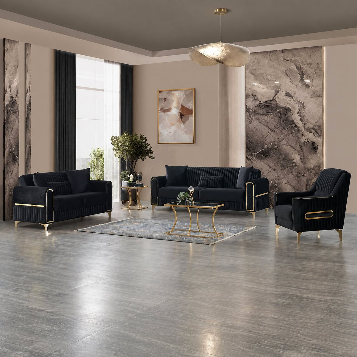 Black velvet Melody sofa, loveseat and chair with gold trim in a living room