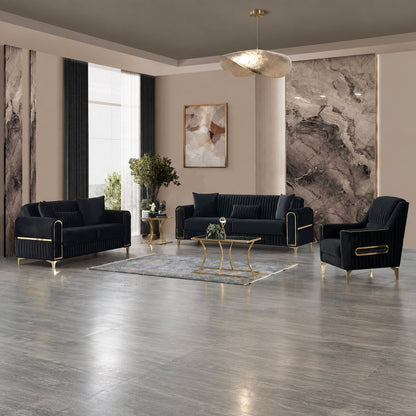 Black velvet Melody sofa, loveseat and chair with gold trim in a living room