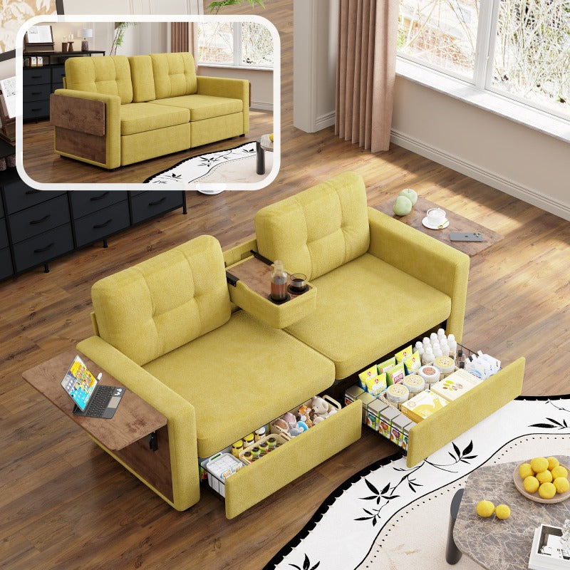 Chenille Storage Loveseat with Side Tables — both storage drawers open.
