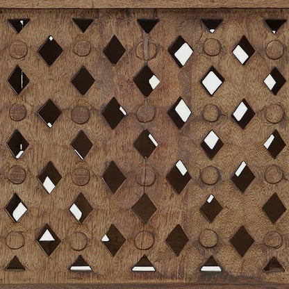 Close-up of diamond-shaped openings and circular details on the coffee table side