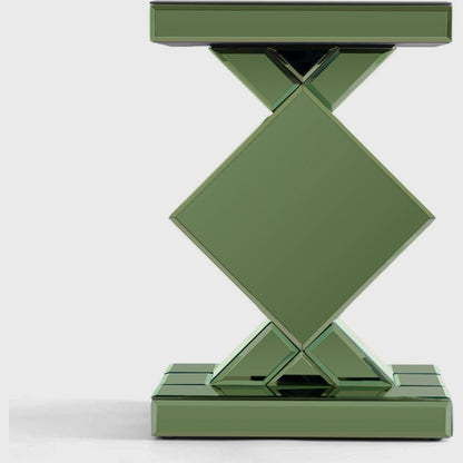 Rear view of the green mirrored geometric side table