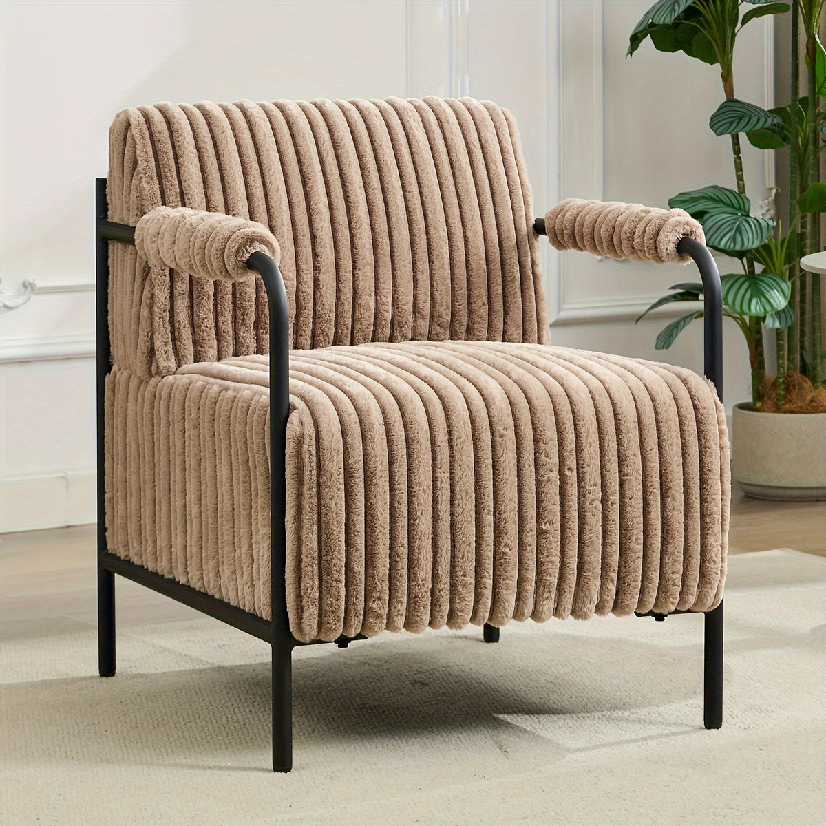 Ribbed Accent Chair with Adjustable Foot Pads — light brown ribbed chair with black metal arms