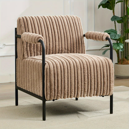 Ribbed Accent Chair with Adjustable Foot Pads — light brown ribbed chair with black metal arms