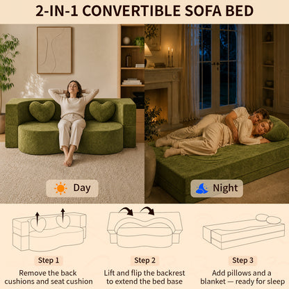 Illustrated steps showing the green loveseat changing from sofa to bed