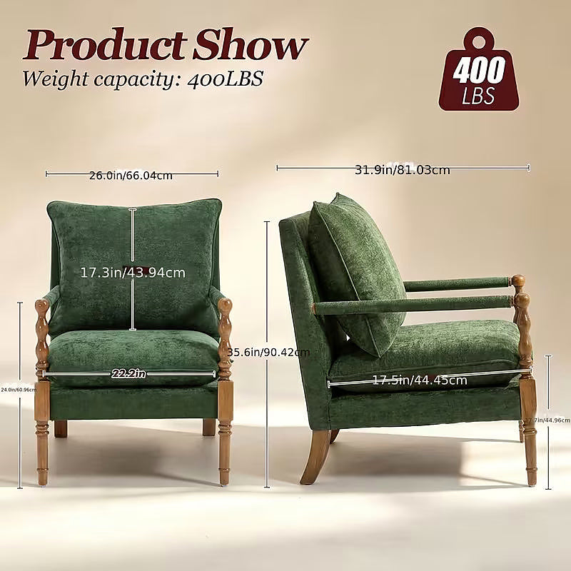 Green upholstered accent chair with turned wood front posts