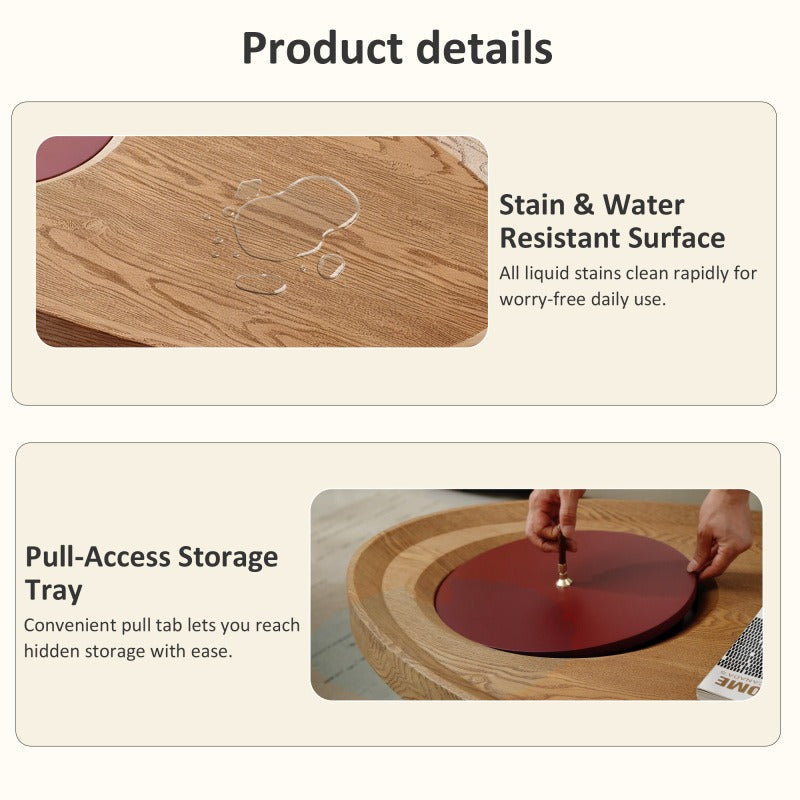 Feature graphic showing the oval table's surface and covered storage