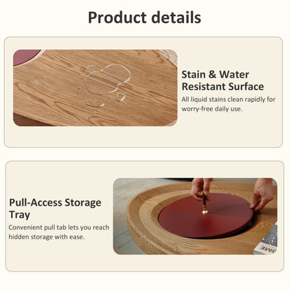 Feature graphic showing the oval table's surface and covered storage