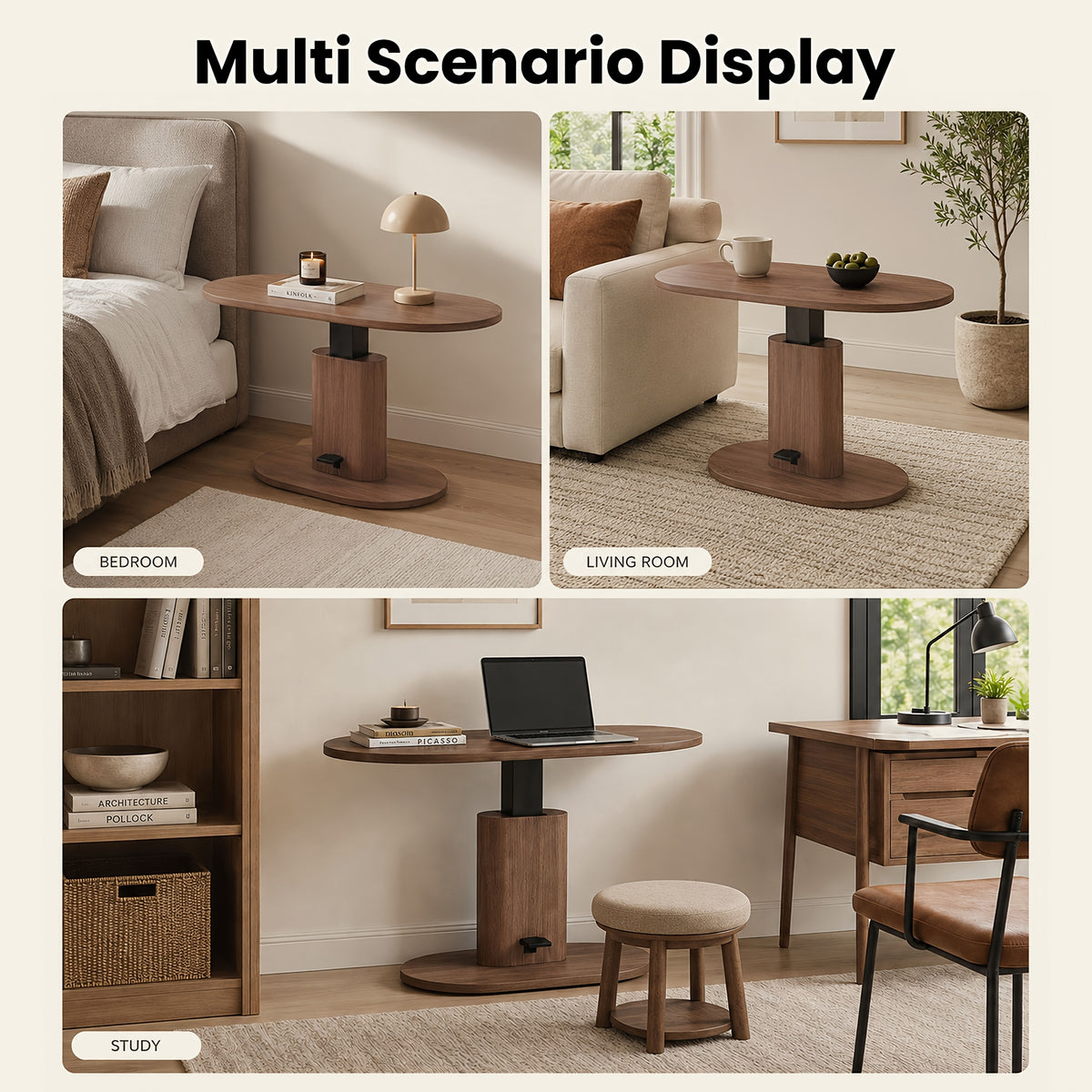 Oval Walnut-Look Height-Adjustable Coffee Table