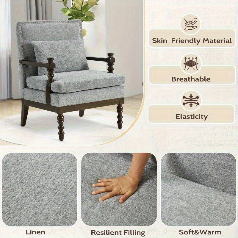 Gray Linen Accent Chair with Lumbar Pillow — fabric and cushion details