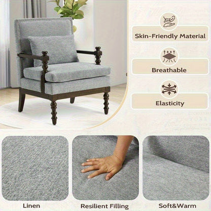 Gray Linen Accent Chair with Lumbar Pillow — fabric and cushion details